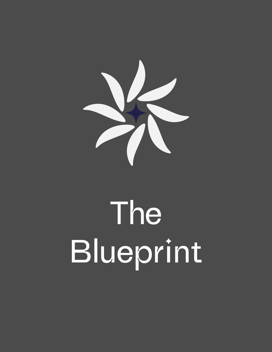 The Blueprint cover, white title and a violet-centered rosette on grey