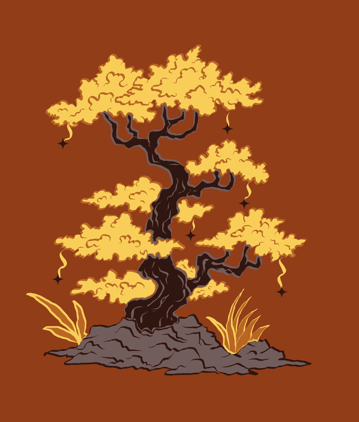 Bonsai, palette B: a branching tree with golden foliage, dark bark and a rocky base