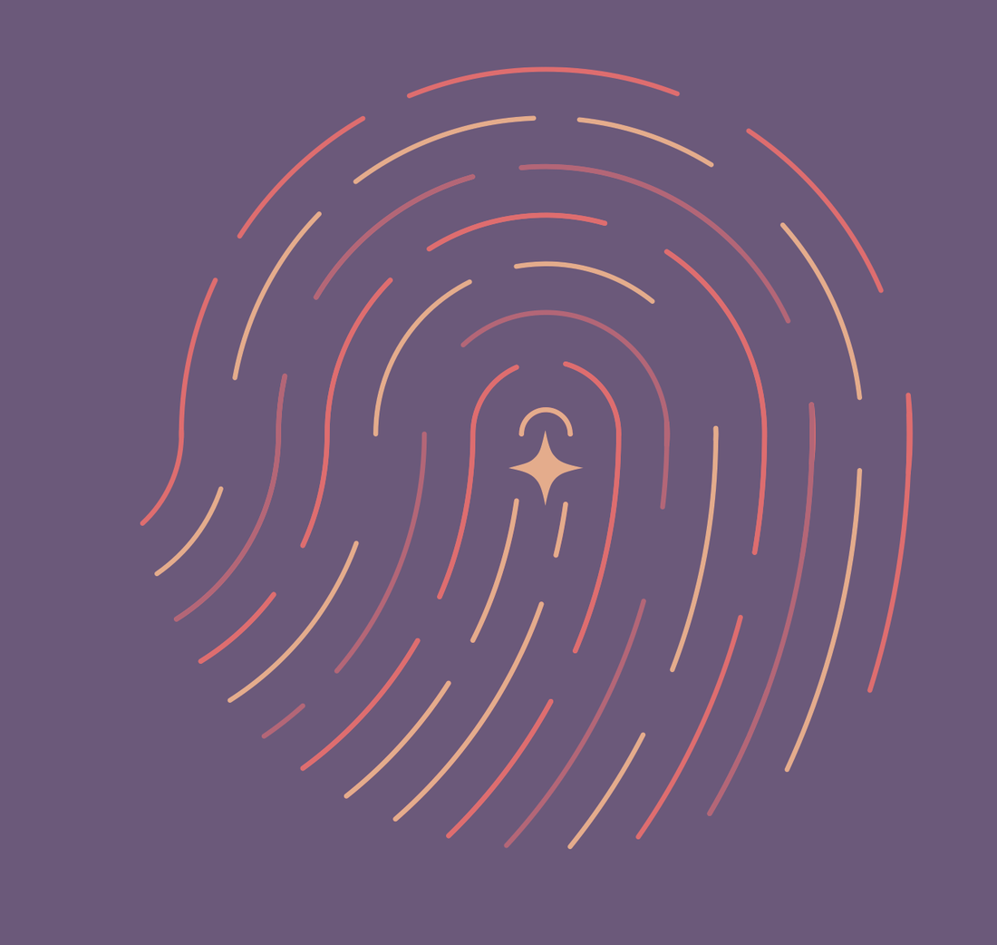 Fingerprint, palette F: thin broken peach contours around a star on muted purple
