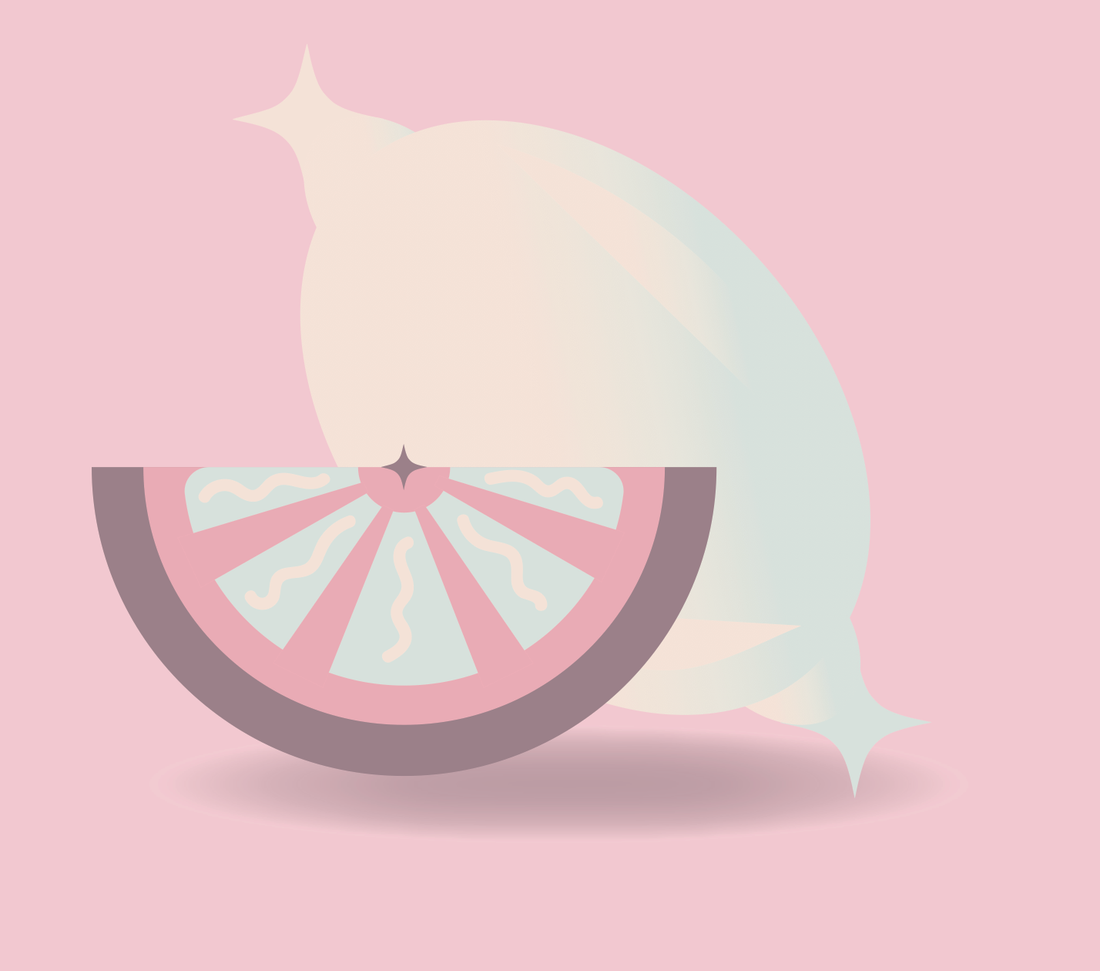 Lemon + Lime, palette L: pale citrus forms and a sliced fruit with a soft shadow on pink