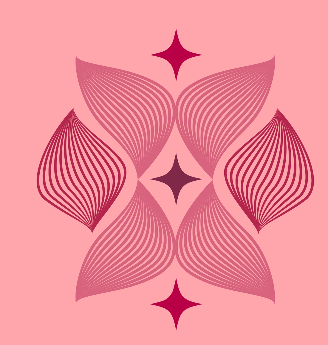 Ribbons, palette R: mirrored pink and crimson line structures around four-point stars