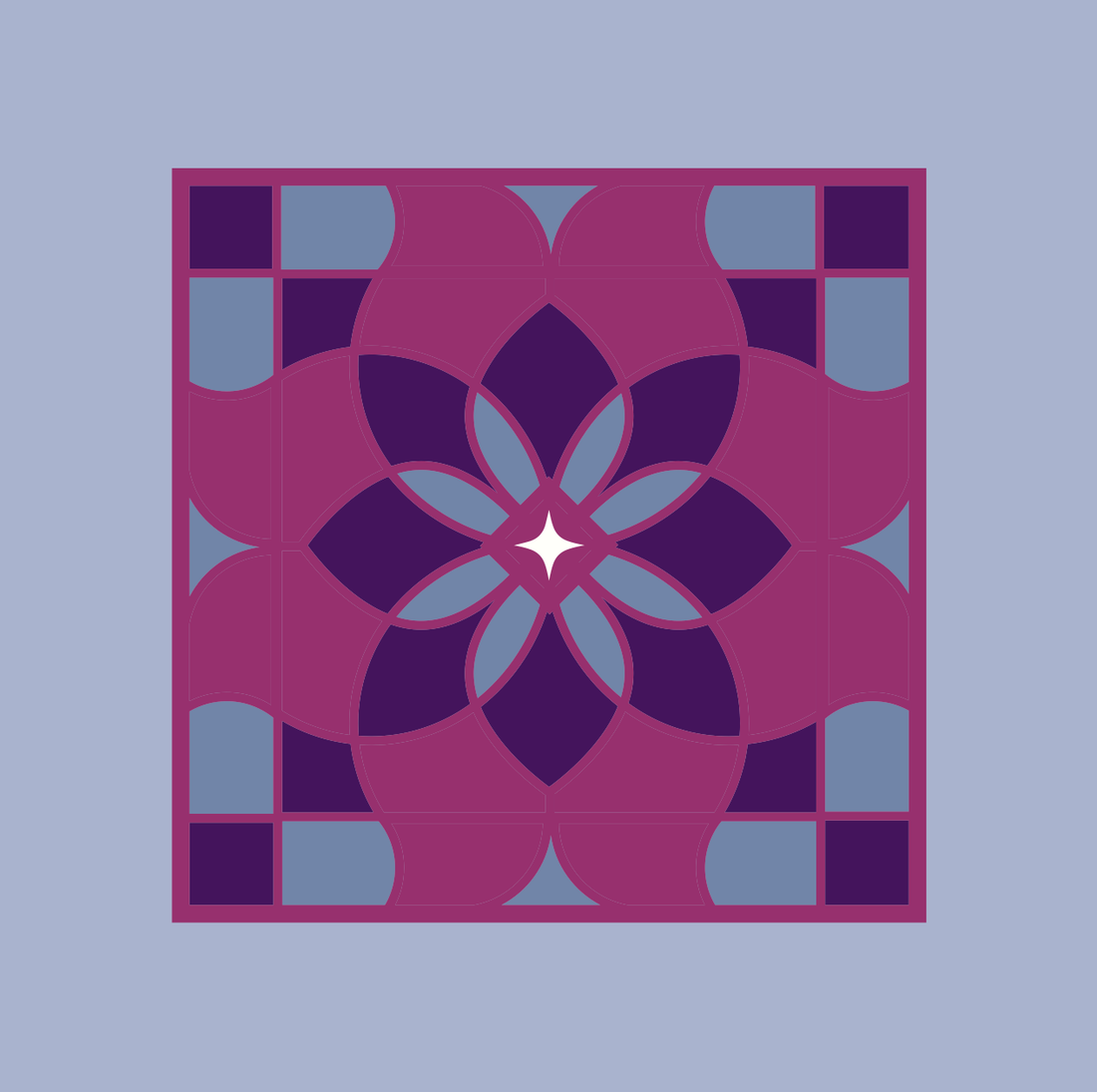 Stained glass, palette S: a square purple and magenta floral window with blue corner details
