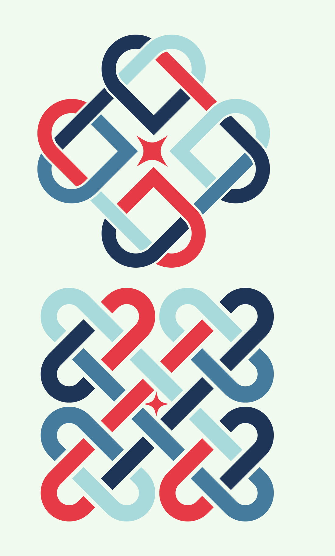 Trefoils, palette T: two interlaced red, aqua and navy band compositions with central stars