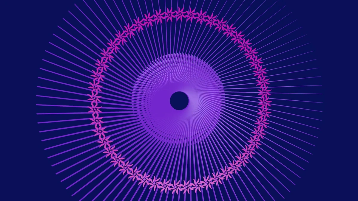 Small pale floral forms repeated around concentric purple rings on navy