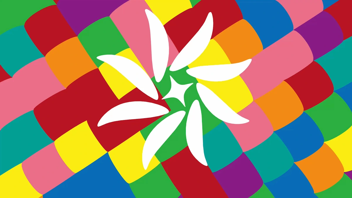 Pale floral shapes against a checkerboard of bright colored squares