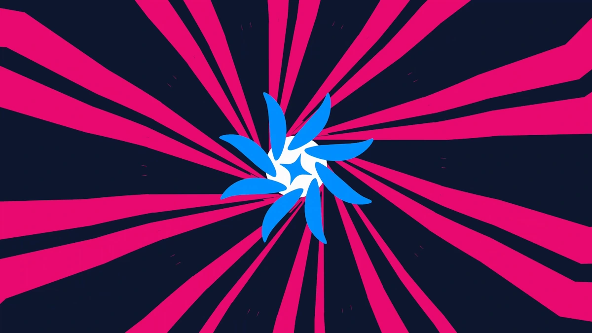Cyan and pale floral geometry against hot pink and navy diagonal rays