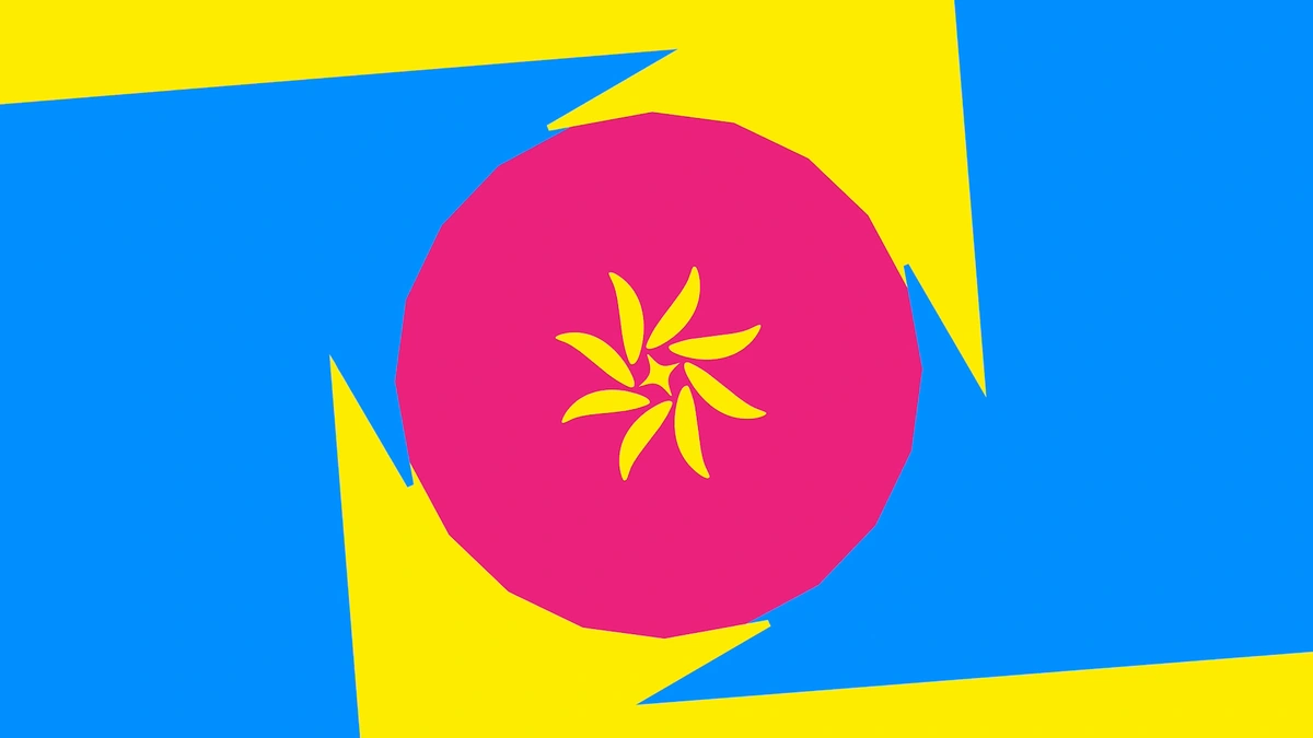 Pink, cyan and yellow rotated planes with repeated floral shapes forming a tunnel