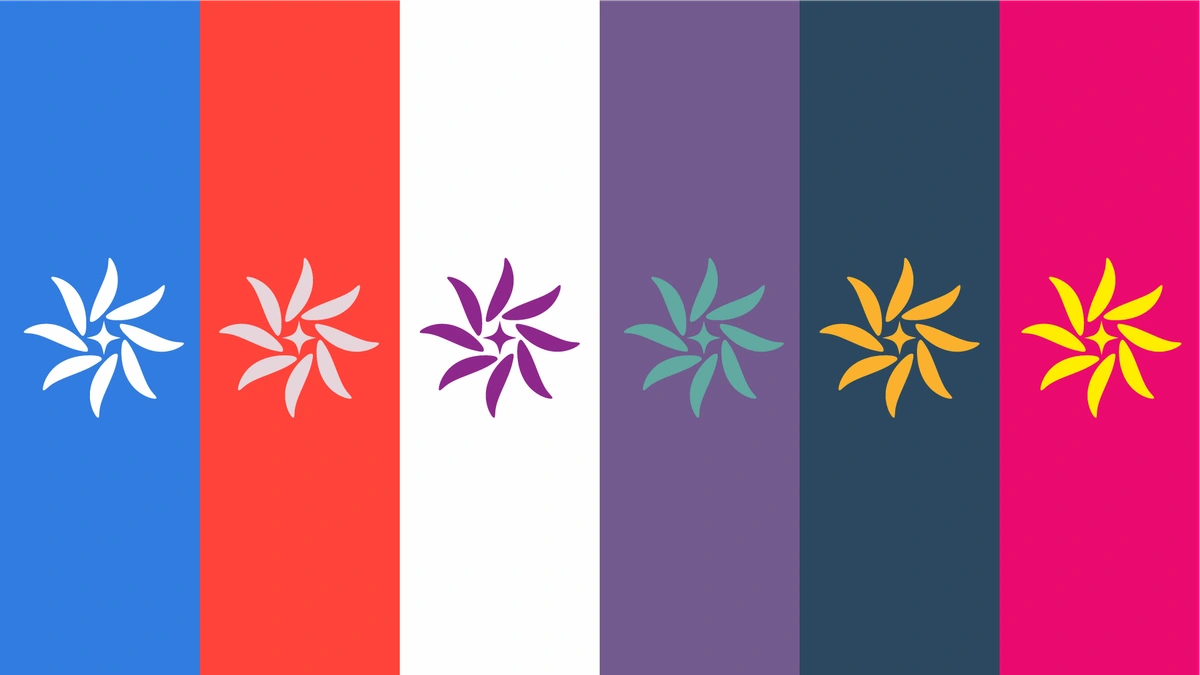 Six color fields, each with a curved floral mark in its study’s palette