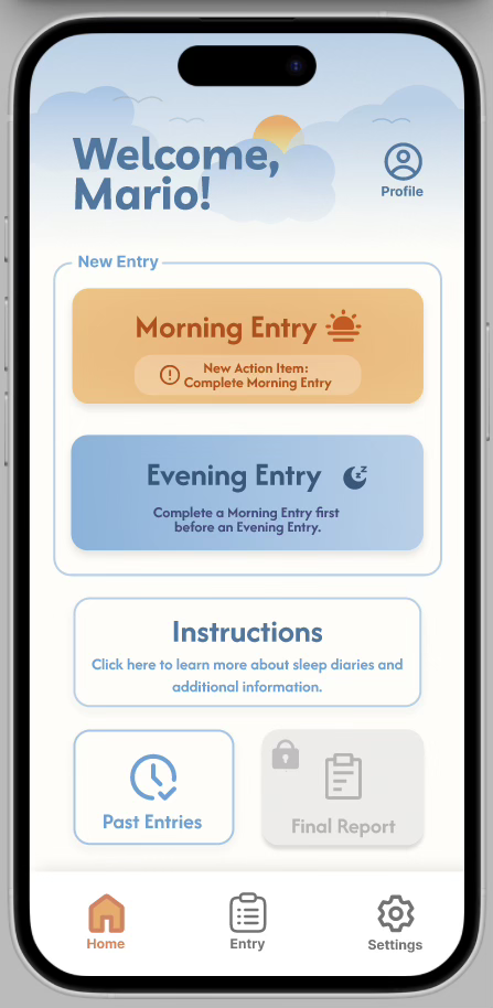 Student-prototype Home screen with Morning Entry and Evening Entry controls.