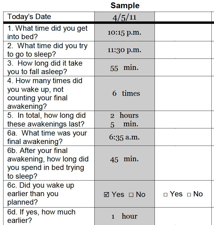 Detail of the paper sleep diary showing time questions and an explicitly labeled sample column