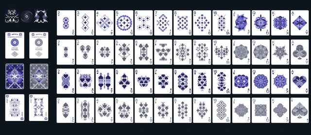 Complete Wistaria artwork overview with four suit rows, geometric court cards and aces, jokers, card backs, and printed information-card designs